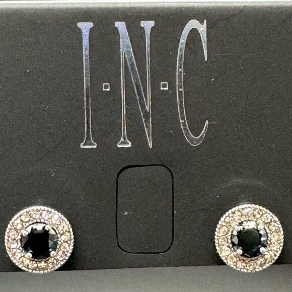 INC Silver Tone Post Earnings W/ Black Crystal surrounded by Clear Crystal .5 in - Picture 4 of 6